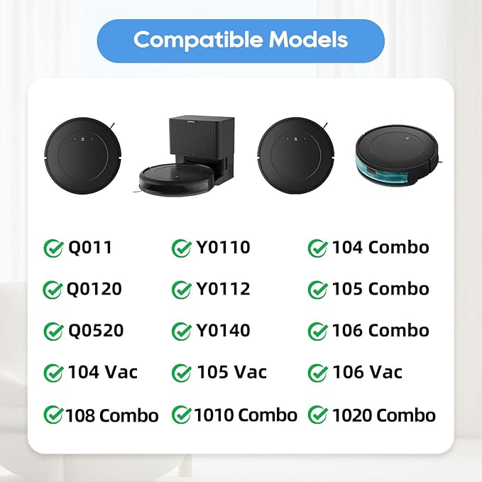 Replacement Parts for iRobot Roomba Combo & Vac Essential Series (RVG-Y1) Y0140 Y0110 Q0120 Q0110 Q0520 104 105 106 108 1010 1020, 2 Main Brushes, 8 Side Brushes, 8 Filters, 1 Tool (19 Pack)