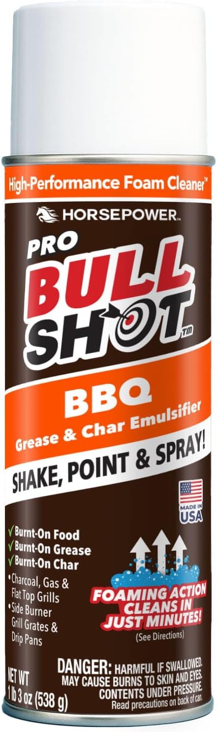 Bull Shot BBQ Pro, Foaming Grill Cleaner, AS SEEN ON TV, Professional Strength Foam Spray Emulsifies Burnt Grease & Char on Grates, Racks, Pans, Smokers & Griddles Cleans in Just 10 Min - Made in USA