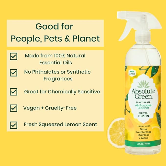 Absolute Green All Purpose Cleaner Spray, Non-Toxic, Kitchen, Bath, Countertop, Stainless, Safe around Kids + Pets, Natural Lemon Scent, 25 oz (1 Pack)