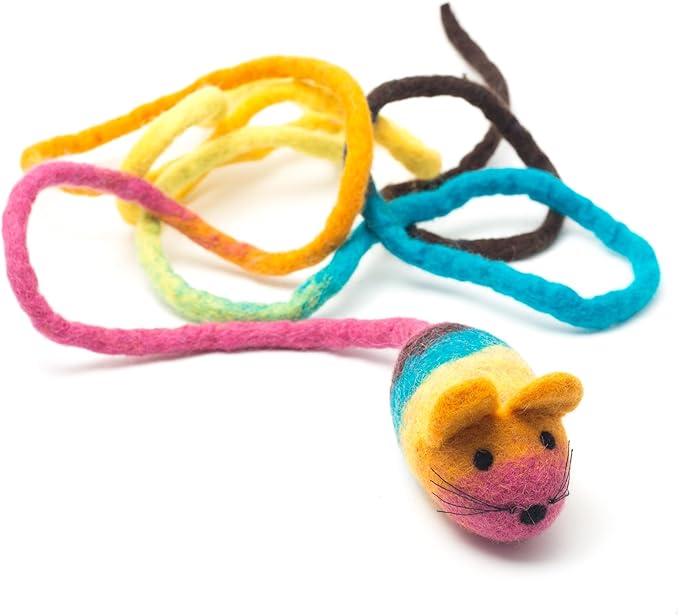 Glaciart One Felt Mouse Cat Toy – Soft Fuzzy Enrichment 100% Natural Wool - Interactive Catnip Play Cat Toy Set - Safe for Pets, Non-AZO Colored Dyes - 100” Long