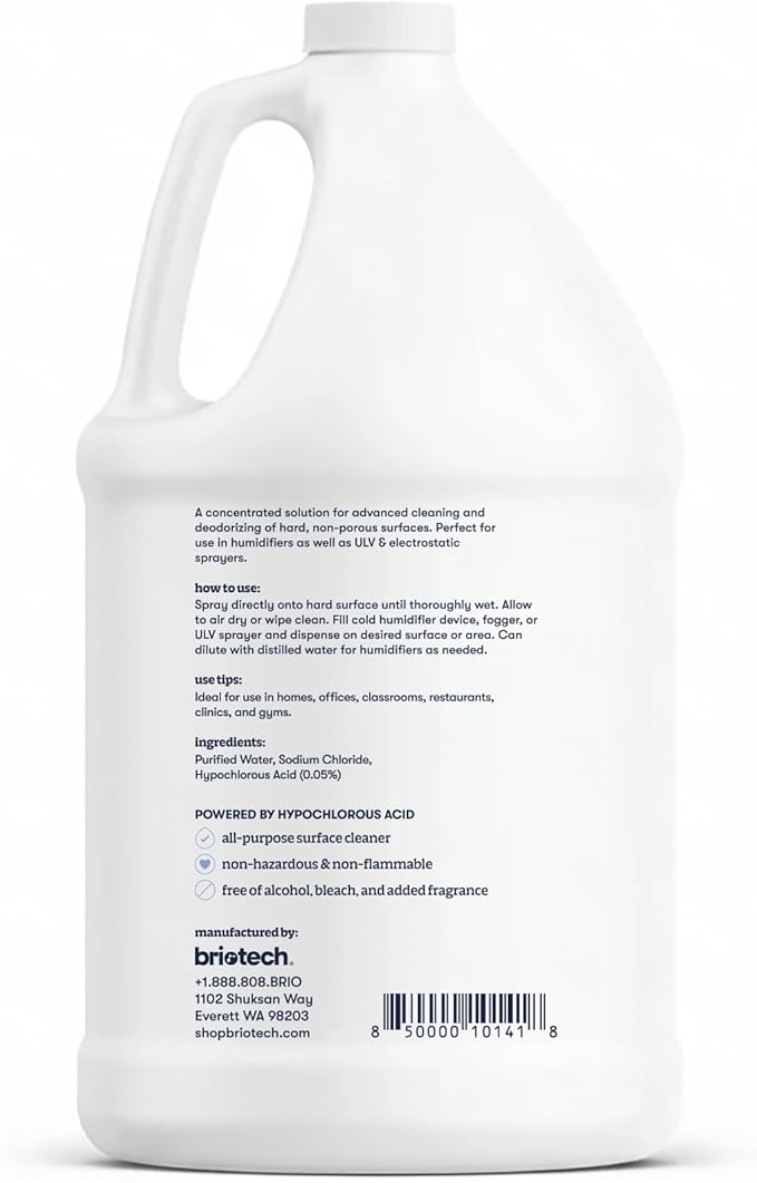 BRIOTECH Extra Strength HOCl Cleaner, 500 PPM Hypochlorous Acid Concentrate, ULV Foggers & Humidifiers, Professional Deodorizer for Dental, Offices, Schools, Homes, Peroxide Free, 1 Gallon