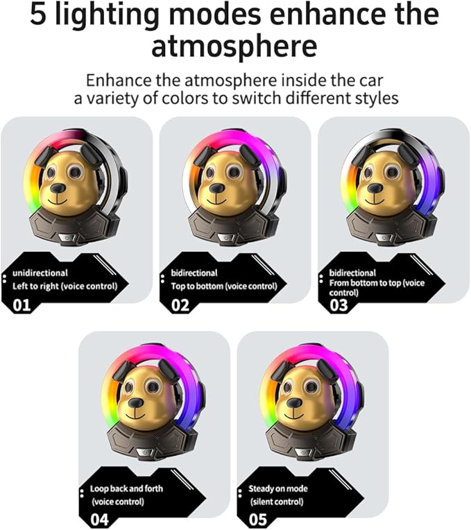 Cartoon Dog Cute Air Freshener for Car,7 Colors Air Vent Clips Car Decorations with 5 Dynamic Lightings,Voice Control,USB Charging Cute Vent Clips Car Accessories