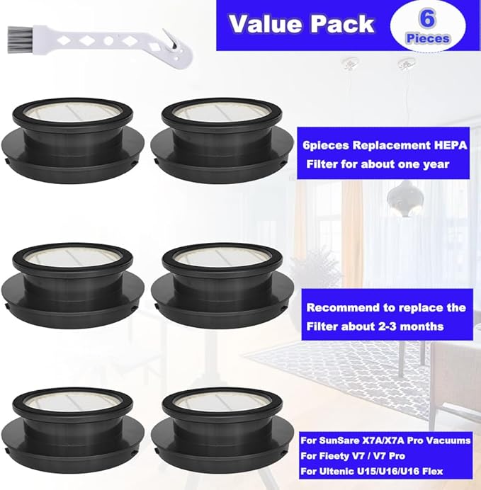 6packs X7A Vacuums HEPA Replacements Filter Compatible with SunSare X7A Pro Cordless Vacuum Cleaner, Fits for Fieety V7 Filters for Ultenic U15 U16 / U16 Flex Cordless Stick Vacuum Filter Parts