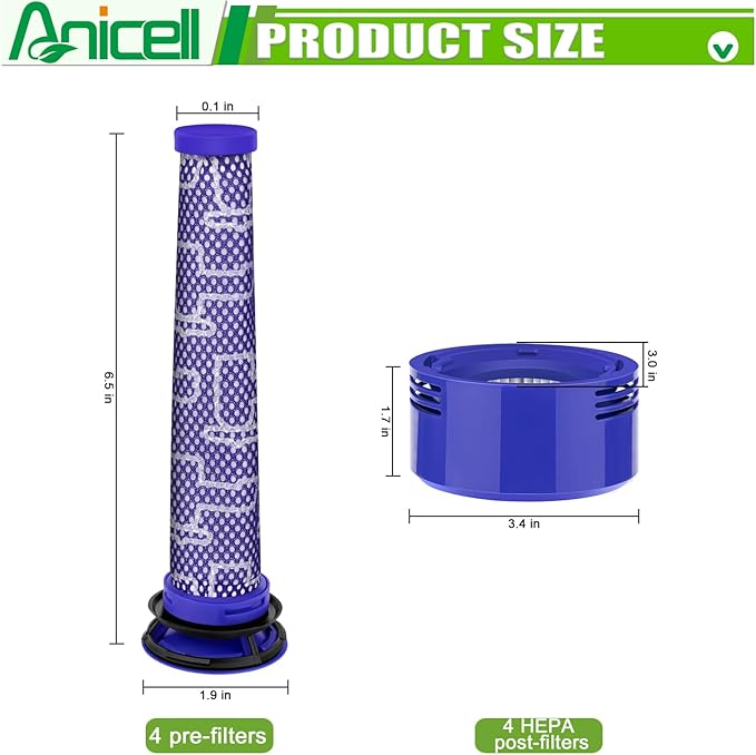 V8 V7 Filter Replacement for Dyso.n V8 Animal V8 Absolute V8 Motorhead SV10 V7 Animal Cordless Stick Vacuum Cleaner, 4 HEPA Post Filters+4 Pre Filters, Parts # 967478-01 & 965661-01