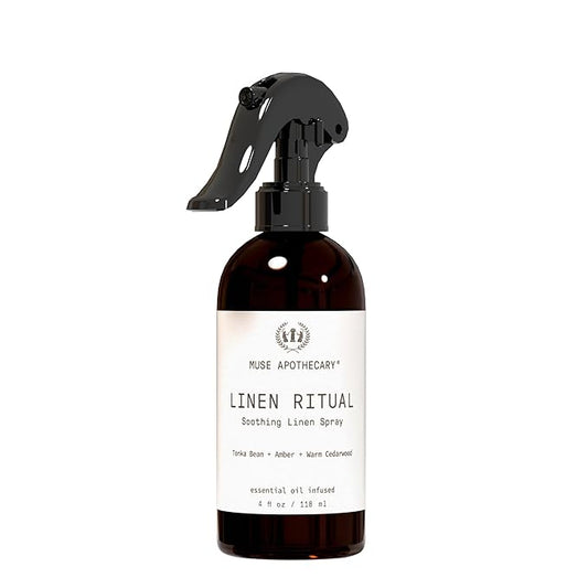 Muse Apothecary Linen Ritual - Aromatic, Soothing, and Relaxing Linen Mist, Laundry and Fabric Spray - Infused with Aromatherapy Essential Oils - 4 oz, Tonka Bean + Amber + Warm Cedarwood