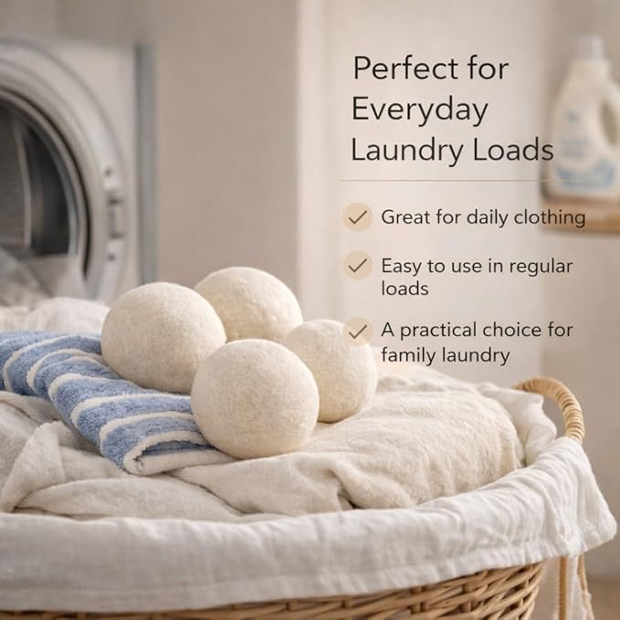 Wool Dryer Balls 6 Pack, 2.6 Inch, 100% New Zealand Wool, Reusable Natural Fabric Softener for Everyday Laundry, Helps Reduce Drying Time, Wrinkles and Static Cling