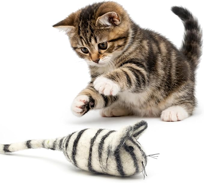 Glaciart One Felt Mouse Cat Toy – Soft Fuzzy Enrichment 100% Natural Wool - Interactive Catnip Play Cat Toy Set - Safe for Pets, Non-AZO Colored Dyes - 100” Long