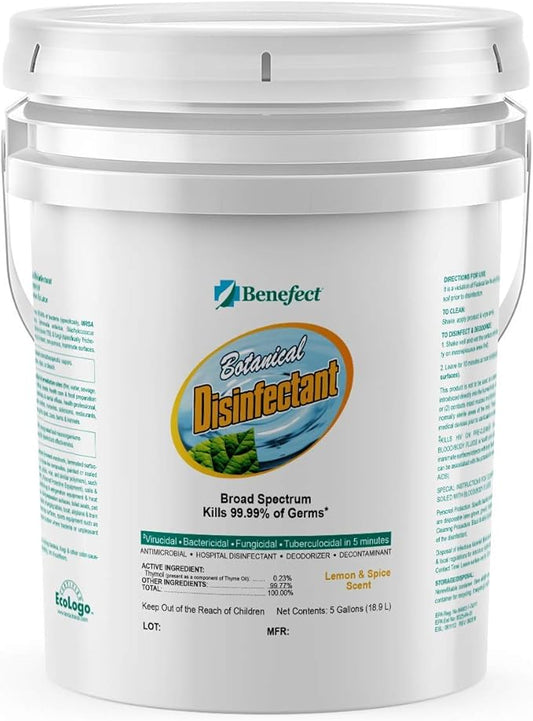 Benefect Botanical Broad Spectrum Disinfectant, 5 Gallon, Lemon & Spice Scent, Hospital Grade Disinfectant & Tuberculocide, Kills Over 99.99% of Germs, No Rinsing or Wiping Required