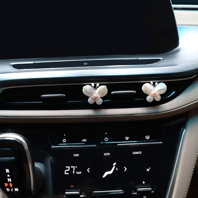 Butterfly Accessories - 2pcs Natural SeaShells Zircon Pearl Butterfly Air Freshener Vent Clips - Handmade Car Vent Decoration, Bling Car Accessory for Women, Refillable Diffuser