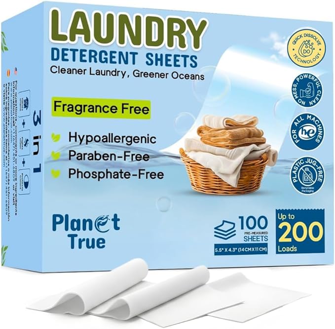Eco-Friendly Laundry Detergent Sheets, 200 Loads (100 Sheets) Fragrance Free Sheet laundry detergent, Plastic-Free laundry detergent sheets travel, Easy Storage & Liquidless Washing