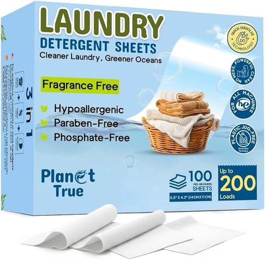 Eco-Friendly Laundry Detergent Sheets, 200 Loads (100 Sheets) Fragrance Free Sheet laundry detergent, Plastic-Free laundry detergent sheets travel, Easy Storage & Liquidless Washing