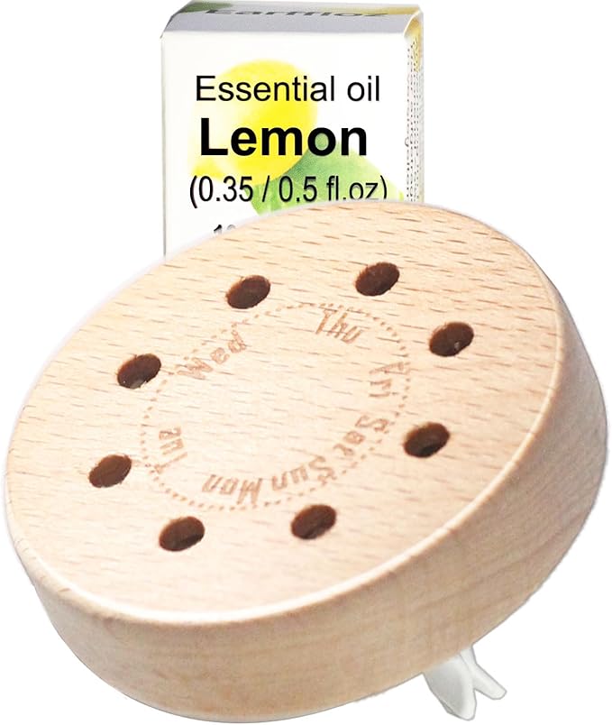 Fresh Lemon Car Scent 45 Days’ Long Last Non-toxic Natural Fragrance, Odor Fighting Air Freshener, Auto Vent Clip Wood Diffuser Refillable with Essential Oils (1x Empty Diffuser + 10ml Oil)