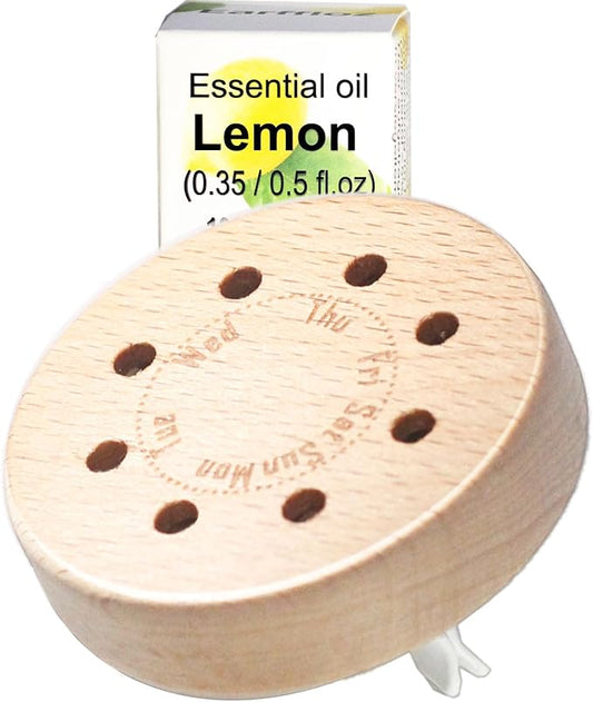 Fresh Lemon Car Scent 45 Days’ Long Last Non-toxic Natural Fragrance, Odor Fighting Air Freshener, Auto Vent Clip Wood Diffuser Refillable with Essential Oils (1x Empty Diffuser + 10ml Oil)