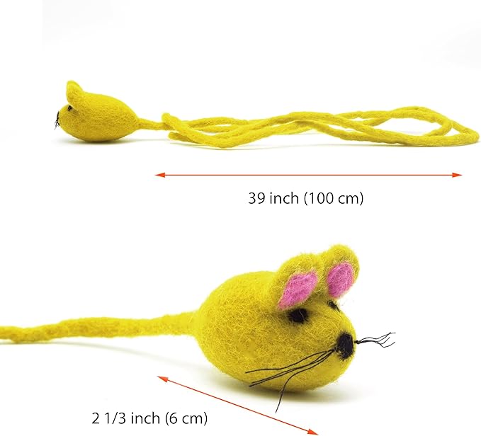 Glaciart One Felt Mouse Cat Toy – Soft Fuzzy Enrichment 100% Natural Wool - Interactive Catnip Play Cat Toy Set - Safe for Pets, Non-AZO Colored Dyes - 42” Long