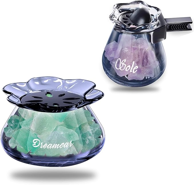 Car Diffuser Glass Bottles with Crystals Natural Stone for Spreading Essential Oils,Blue Lotus Design Glass jar as air freshener Vent Clip,car Vent Decor Accessories (Green + Purple)