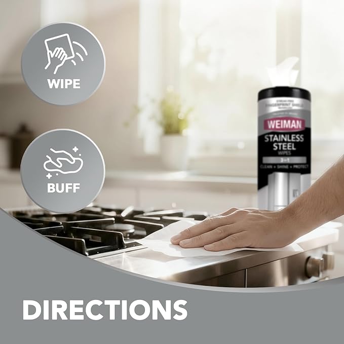 Weiman Stainless Steel Cleaner & Polish Kit, 2 Wipes & Cloth, Anti-Fingerprint, Removes Grease, Water Spots, Streaks & Residue, Polishing Cleaner Safe for Appliances, Chrome, Sinks & Grill Exteriors