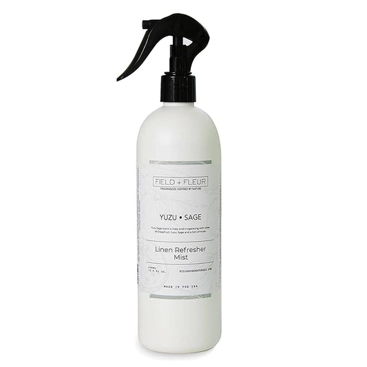 FIELD FLEUR Yuzu Sage Linen & Room Spray 15.5 oz - Aromatic & Refreshing Bedding & Fabric Mist - Air Freshener for Clothes & Sofas - Notes of Yuzu, Mandarin, Sage & Eucalyptus - Made in USA