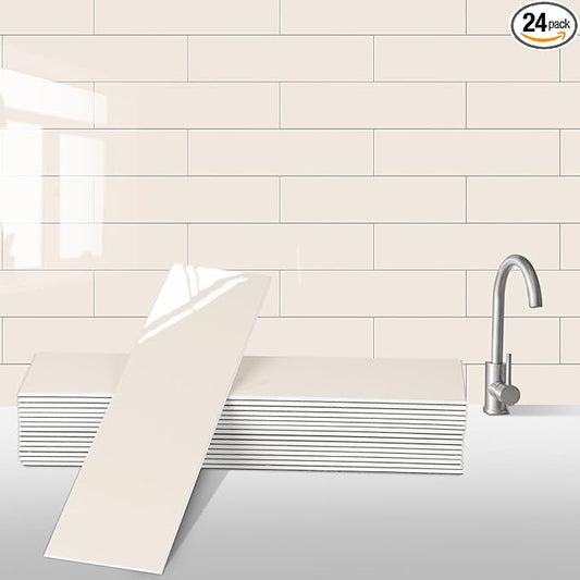24-Pieces Peel and Stick Tiles for Kitchen Backsplash, New Upgrade Design 12" x 3"SPC Subway Backsplash Tiles, Cream Beige Premium Finger Tiles (White).