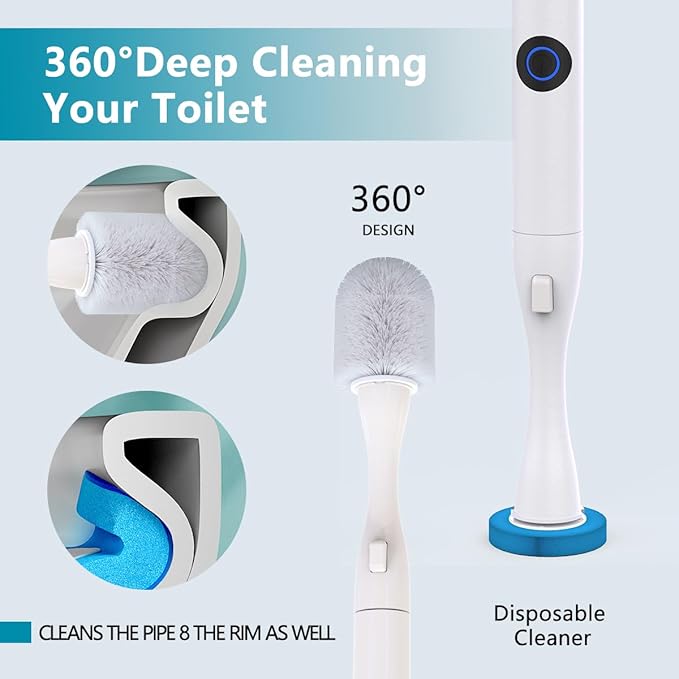 Electric Toilet Brush and Holder Set, Hillyfe Motorized Toilet Brush with 15 Disposable Refill Heads, Hard Nylon Brush 360 Degree Cleaning, Rechargeable