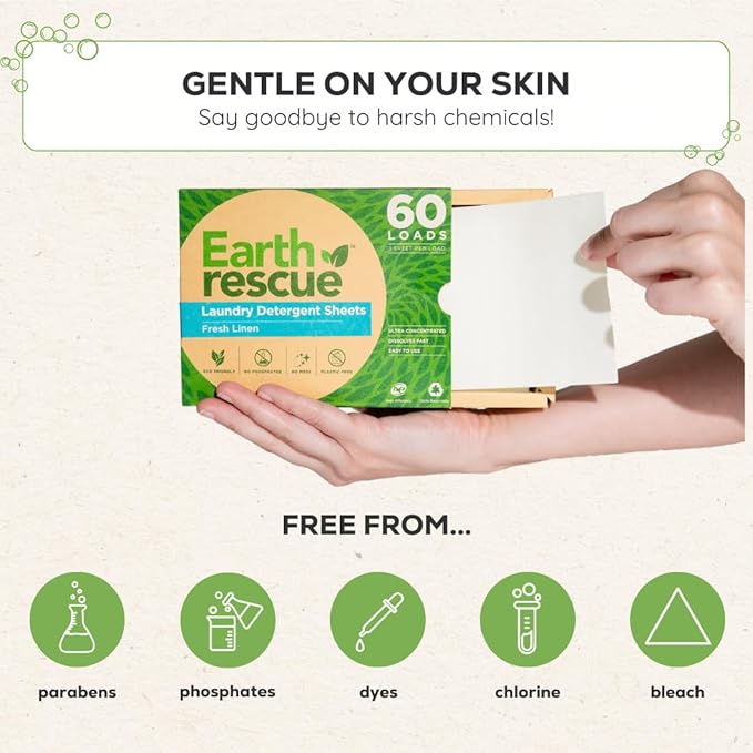 Earth Rescue Laundry Detergent Sheets - Up To 60 Loads (30 Sheets) - Ultra Concentrated Liquidless Dry Laundry Detergent, Ideal For Sensitive Skin, Eco Friendly, Plastic Free - Fresh Linen