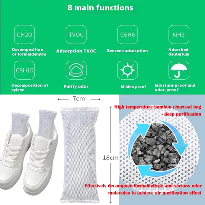 8Pack Natural Activated Charcoal Shoe Odor Absorber; Shoe Deodorizer Bags; Home or Car Odor Eliminator; Car Air Freshener;Air Purifying Bag for Home,Car,Closet,Basement,Pets