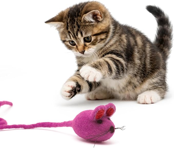 Glaciart One Felt Mouse Cat Toy – Soft Fuzzy Enrichment 100% Natural Wool - Interactive Catnip Play Cat Toy Set - Safe for Pets, Non-AZO Colored Dyes - 42” Long