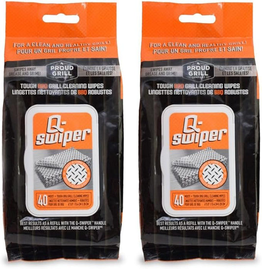 Proud Grill Q-Swiper Grill Cleaning Wipes - Bristle & Wire Free BBQ Cleaner, Heavy Duty Degreaser Wipes, Grease & Grime Remover for Outdoor Barbecue Grills, Disposable, 80 Count (2x40), Pack of 2