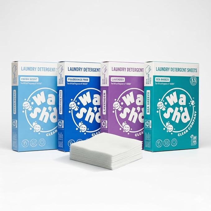 Wash'd Laundry Detergent Sheets - 40 Loads - Non Toxic Stain Fighting Enzymes - Plastic Free Travel Friendly Drawer Box - Lavish Lavendar
