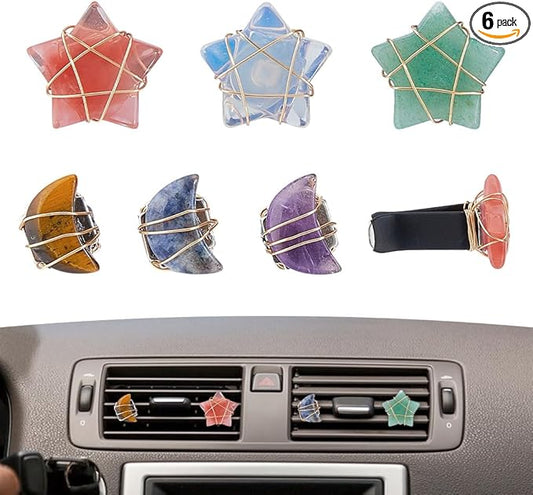 DICOSMETIC 6Pcs Crystal Car Vent Clips Star Moon Gemstone Vent Clips Natural Stone Car Decoration with Clip Cars Air Freshener Clip with Iron Wire for Women Men