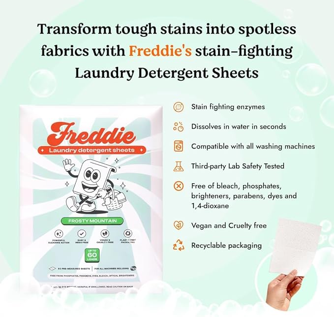 Freddie Laundry Detergent Sheets - Recyclable Packaging - No Mess Strips (Value Box (180 Loads), Frosty Mountain)