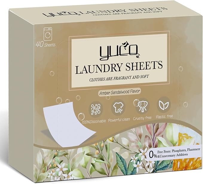 YUCO Laundry Detergent Sheets Amber Sandalwood and Jasmine Lily of the Valley Scent Total 160 Loads, Laundry Soap Washer Sheet, Liquidless Detergent Sheets for Travel, Hypoallergenic, Pack of 2