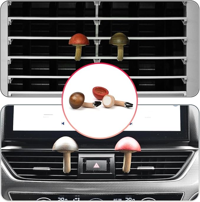 XhuangTech 2 Pack Wood Car Diffusers Vent Clips with Fragrance Pads, Car Air Diffuser Freshener Vent Clip, Natural Wood Air Conditioning Cute Auto Interior Accessories Mushroom Decoration for Cars