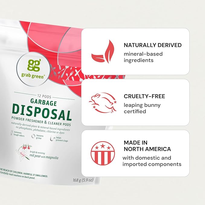 Grab Green Natural Garbage Disposal Cleaner, Deoderizer & Freshener Pods, Thyme + Fig Leaf—With Essential Oils, 12 Pods, Plant & Mineral-Based Ingredients