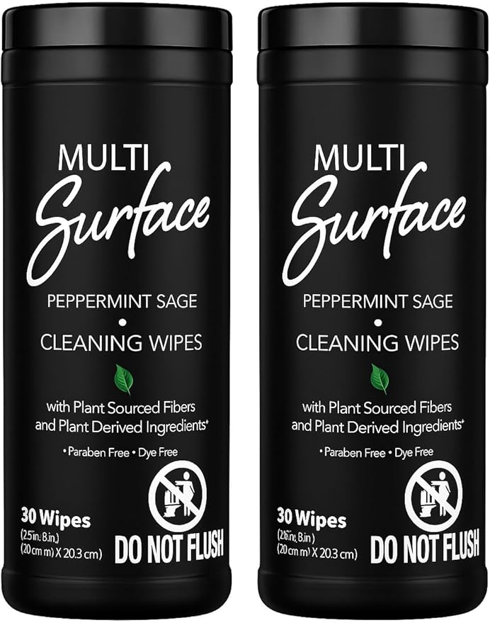 Plant Based Multi Surface Cleaning Wipes Pack of (2) 30 Pieces ach (60 Pieces) Peppermint Sage.