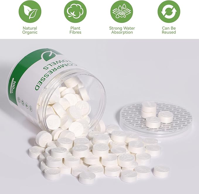 LEKOCH 100 Pcs Compressed Towel Tablets, Portable Coin Tissues for Travel & Camping, Cotton Disposable Washcloths, Biodegradable Facial & Body Wipes