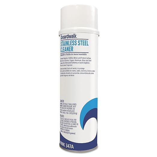 Boardwalk Stainless Steel Cleaner and Polish, 16oz Aerosol Spray, Water-in-Oil Based, Lemon Scent, No chlorinated Solvents, No Ozone Depletion Causing Agents
