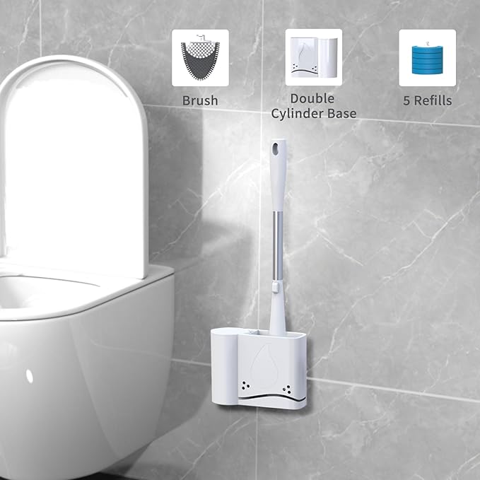 Hillyfe Toilet Brush and Holder Set,Silicone Removable Cleaner Brush,5 PCS Toilet Bowl Cleaner Tablets and Wall-Mount Hook,Ventilation Slots Base for Bathroom Apartment RV Deep Cleaning,White
