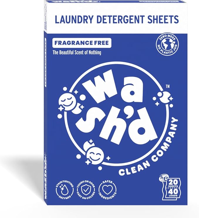 Wash'd Laundry Detergent Sheets - Unscented 40 Loads - Non Toxic Stain Fighting Enzymes Free and Clear - Plastic Free Travel Friendly Drawer Box