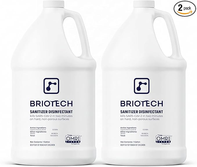 BRIOTECH Sanitizer Disinfectant Hypochlorous, Kill 99.99% of Viruses & Bacteria, Control Mold, Eliminate Odor, Gentle for Nursery & Play Rooms, Food Contact Surface Sanitizer, 1 Gallon Refill (2 Pack)