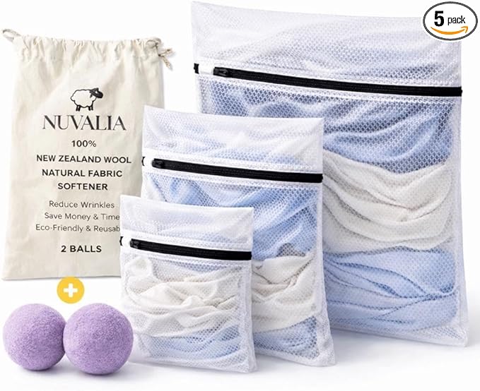 Mesh Laundry Bags for Delicates + 2 wool dryer balls laundry reusable – Fabric Protection for Washing Machine & Dryer - Laundry Care Set