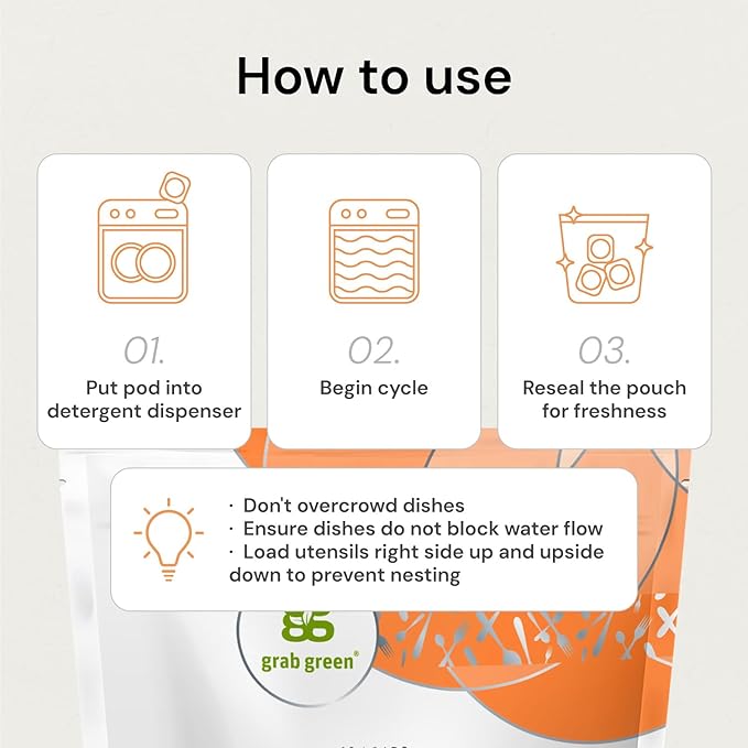 Grab Green Automatic Dishwashing Detergent Pods, 132 Count, Fragrance Free, Plant and Mineral Based, Superior Cleaning, Powerful Grease Removal, Brilliant Shine