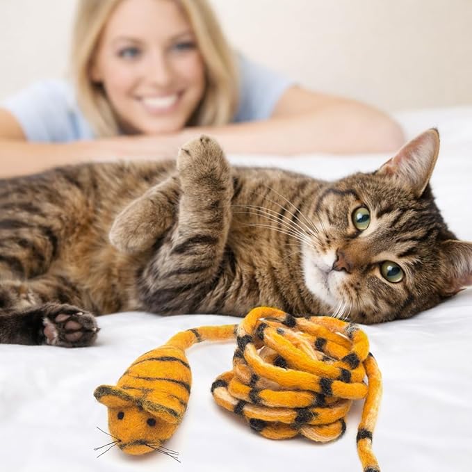 Glaciart One Felt Mouse Cat Toy – Soft Fuzzy Enrichment 100% Natural Wool - Interactive Catnip Play Cat Toy Set - Safe for Pets, Non-AZO Colored Dyes - 100” Long