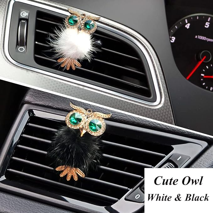 Riloer Bling Crystal Owl Car Air Vent Clip Charms, 2 Pcs Natural Car Vent Clip Air Freshener, Fashion Charms Car Essential Oil Diffuser, Car Accessories for Women (Black and White)