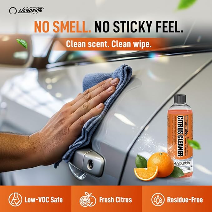 NANOSKIN Heavy-Duty Citrus Cleaner & Degreaser Concentrate 16 Oz, Low-Foam Solvent, Dilutes up to 1:32, Cuts Grease Tar Adhesives, Safe on Metal Concrete Engines, For Auto Detailing, Shop & Home