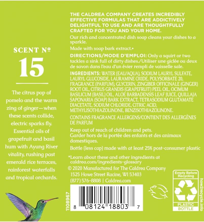 Caldrea Dish Soap, Biodegradable Dishwashing Liquid made with Soap Bark and Aloe Vera, Ginger Pomelo Scent, 16 oz