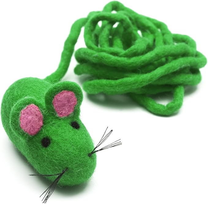 Glaciart One Felt Mouse Cat Toy – Soft Fuzzy Enrichment 100% Natural Wool - Interactive Catnip Play Cat Toy Set - Safe for Pets, Non-AZO Colored Dyes - 100” Long
