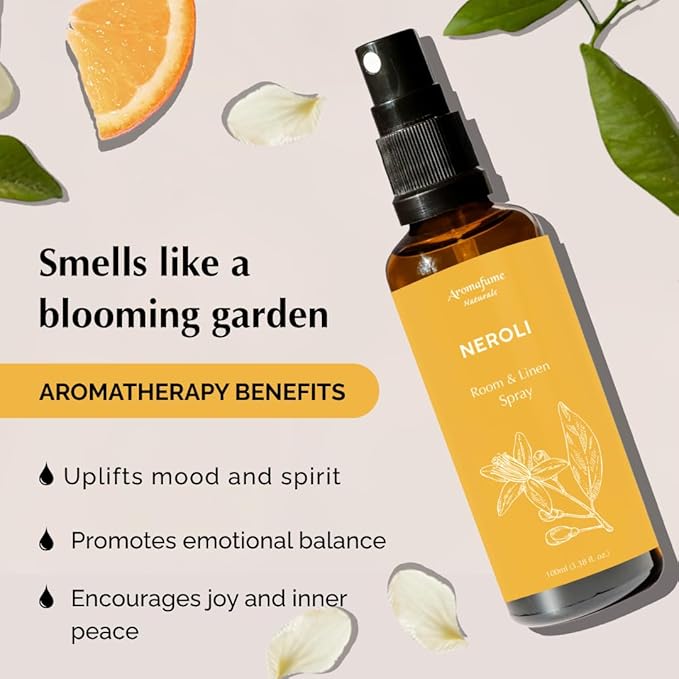 Neroli Room, Linen & Pillow Spray by Aromafume | 100ml / 3.38 fl oz | with Pure Neroli Essential Oil | Aromatherapy Spray for Upliftment, Positivity | Mist for Bedding, Fabrics | Air Freshener