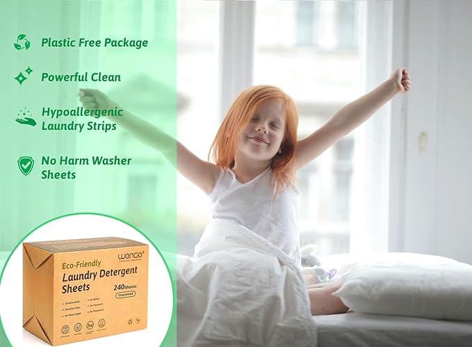 Wenge laundry sheets detergent eco friendly - 240 Sheets - Clear Plastic-Free Naturally Hypoallergenic Liquid Less Washing Sheets for Home Dorm Travel Camping (Unscented)