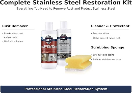 CLEAN MY STEEL Stainless Steel Rust Stain Remover & Cleaner Kit, NSF Safe for Food Areas. Includes Cleaner for Commercial Equipment, Appliances, Gloves & Sponge (8.5 oz)