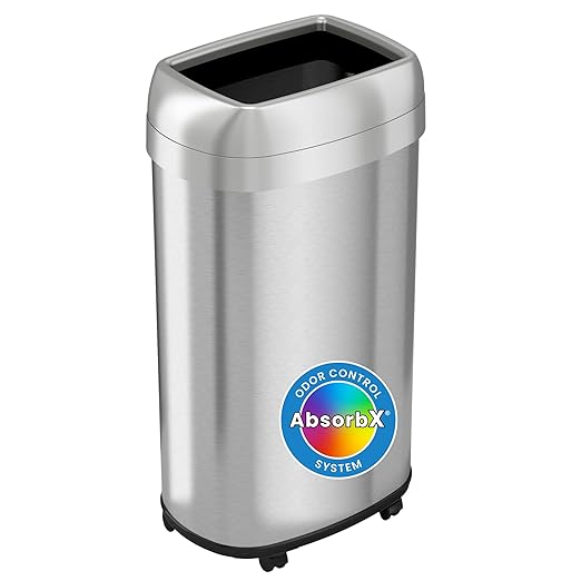 iTouchless 16 Gallon Open Top Kitchen Trash Can Recycling Bin with Wheels and Double Odor Filters Oval Commercial Stainless Steel 60 Liter Trashcan for Home Office Work Bedroom Livingroom Garage